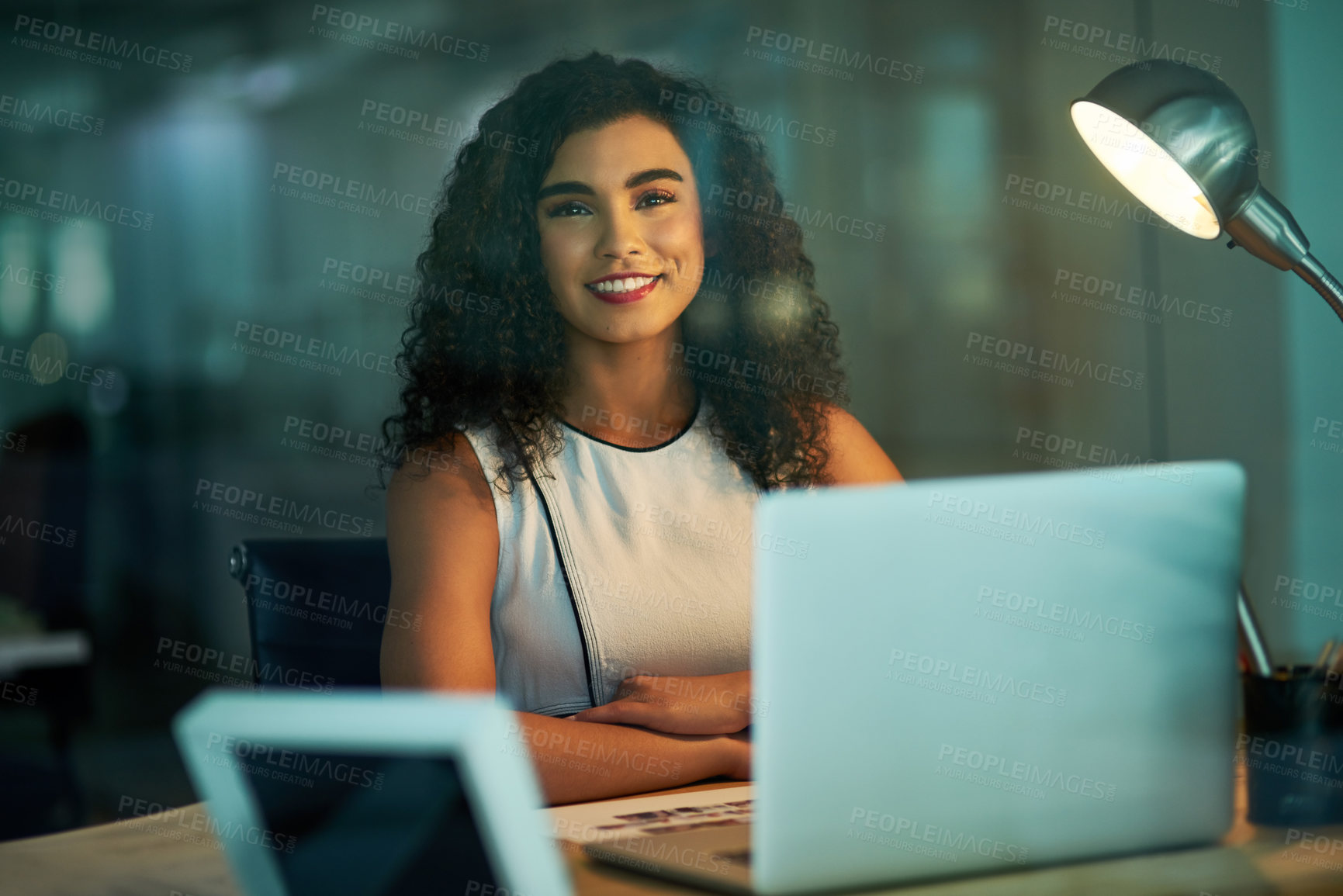 Buy stock photo Professional, woman and portrait in office at night with productivity on project or late deadline. Schedule, commitment and hard work with smile for progress in law firm, company and legal research