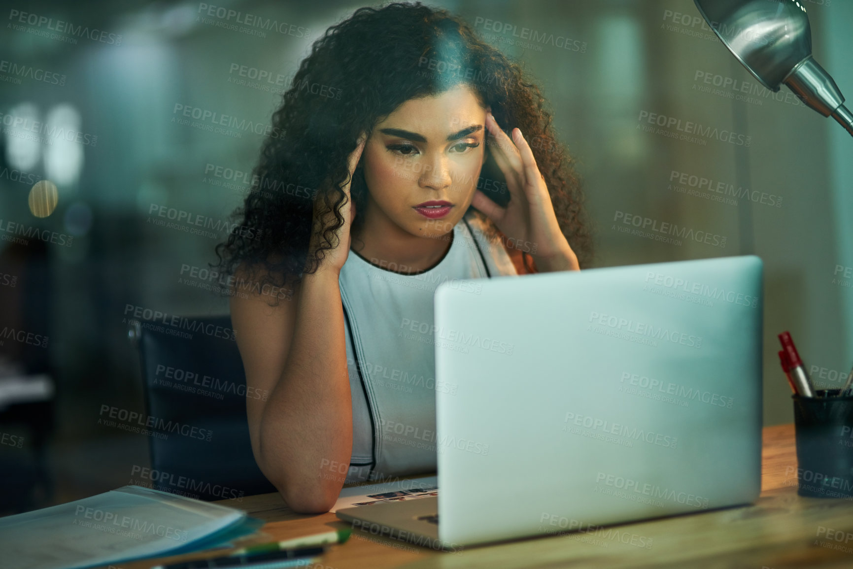 Buy stock photo Frustrated, woman and headache from stress at night in office with mistake or error on laptop. Accountant, burnout and brain fog from migraine or confused by email with late deadline on audit of tax