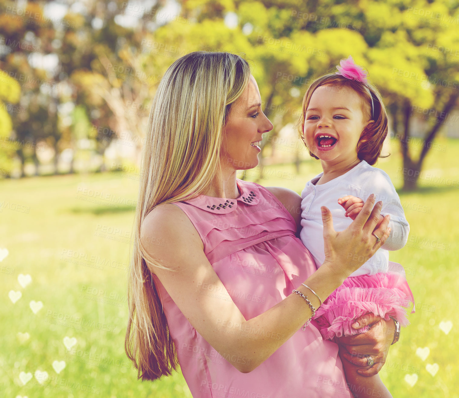 Buy stock photo Mother, baby girl and park with smile for wellness on vacation, family bonding and trust. Woman, child and together in nature with happiness or nurture, growth and support on holiday in England