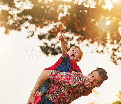 Buy stock photo Father, child and piggyback in garden for games, family and happiness in countryside for holiday. Man, kid and support in backyard for learning, growth and development with care, smile and sunshine  