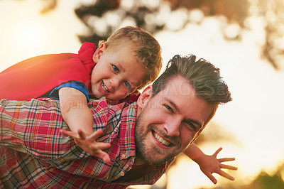 Buy stock photo Portrait of a cute little boy and his father playing make believe outside