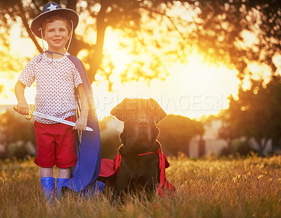 Buy stock photo Portrait, dog or boy child with sheriff costume in garden for adventure, bonding and games outdoor. Animals, pet or kid with Great Dane puppy in park for halloween, fantasy or learning responsibility