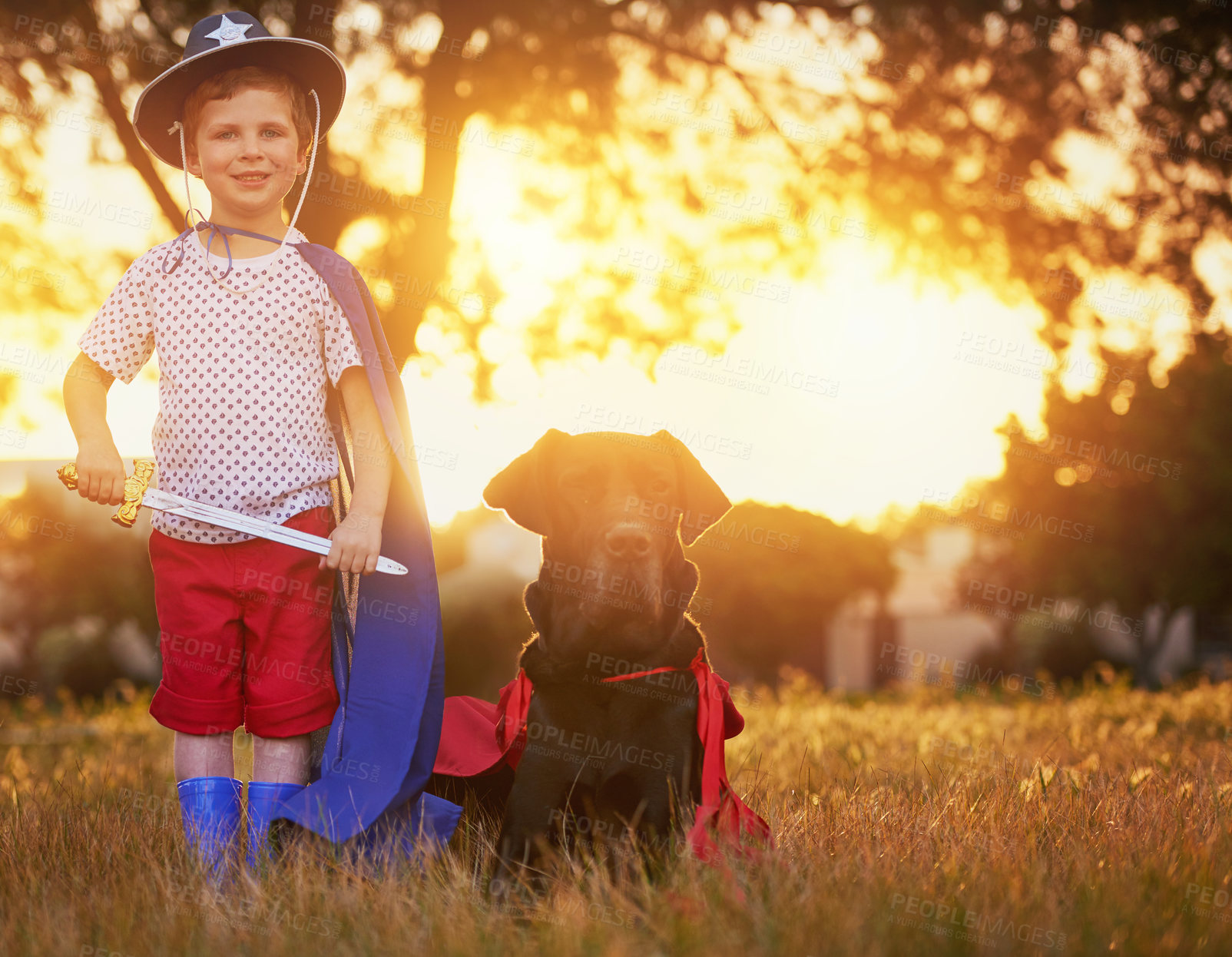 Buy stock photo Portrait, dog or boy child with sheriff costume in garden for adventure, bonding and games outdoor. Animals, pet or kid with Great Dane puppy in park for halloween, fantasy or learning responsibility