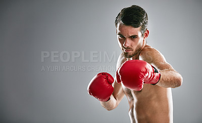 Buy stock photo Studio portrait of a young man boxing against a gray background