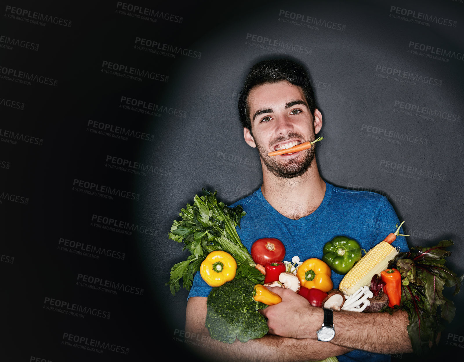 Buy stock photo Male person, portrait and studio with vegetables for diet or nutrition, vegan with health and wellness. Man, groceries and black background for announcement with food or shopping, happy with herbs