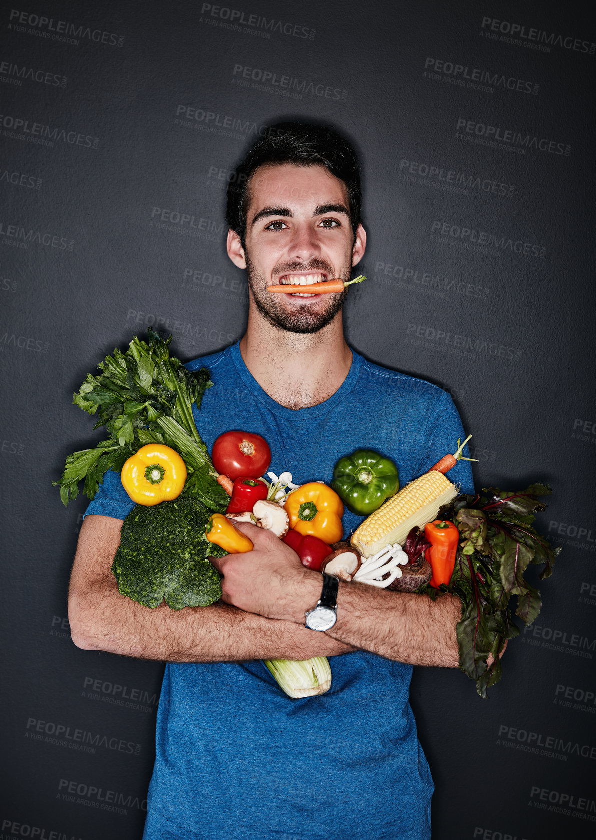 Buy stock photo Man, portrait and studio with vegetables for diet or nutrition, vegan with health and wellness. Male person, groceries and black background for announcement with food or shopping, happy with herbs