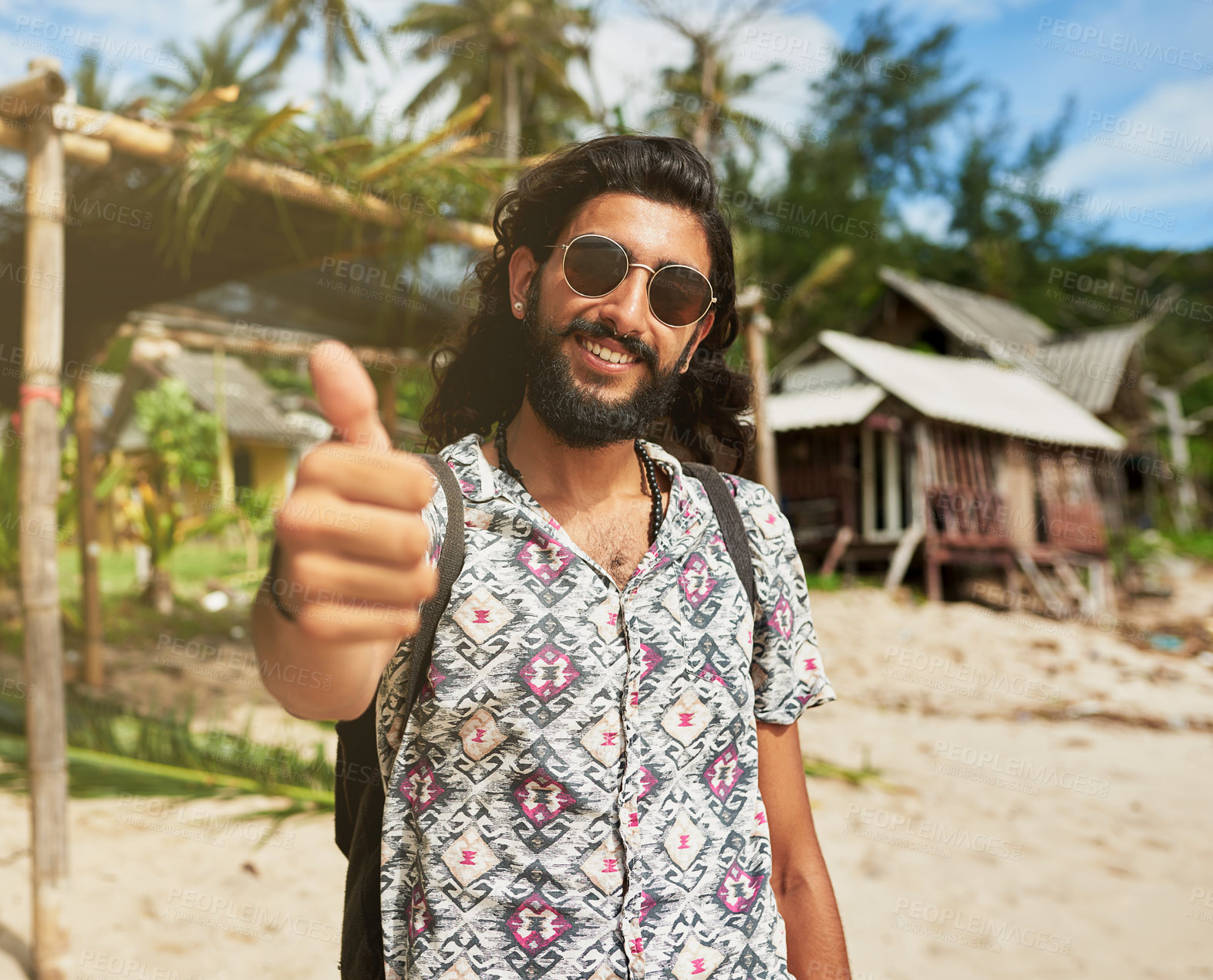 Buy stock photo Happy man, portrait and tourist with thumbs up on island for holiday or summer vacation in hawaii. Male person with smile, sunglasses and like emoji or sign for good adventure, travel or getaway