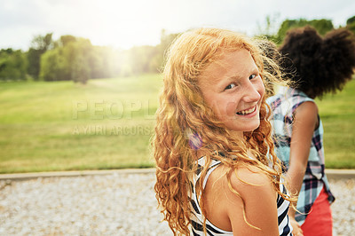 Buy stock photo Portrait of a young girl hanging out with her friend outside