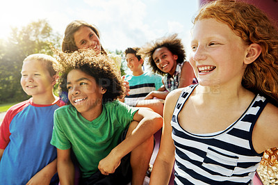 Buy stock photo Happy, thinking and group of children outdoor in summer to relax with friends on vacation with creativity. Kids, holiday and ideas for party, games or smile on playground at school recess or break