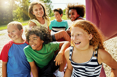 Buy stock photo Happy, thinking and group of kids outdoor in summer to relax with friends on vacation with creativity. Children, holiday and ideas for party, games or smile on playground at school recess or break