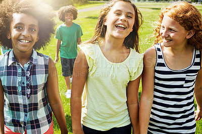 Buy stock photo Laugh, kids and playing in outdoor for portrait in park, garden as friends, adventure and care, bonding and party on weekend. Smile, girls and diverse with fun for childhood, youth and memory in sun