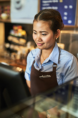 Buy stock photo Barista, checkout and coffee shop with woman cashier at counter for hospitality or service. Small business, server and startup with employee working in cafe or restaurant as waitress for pos