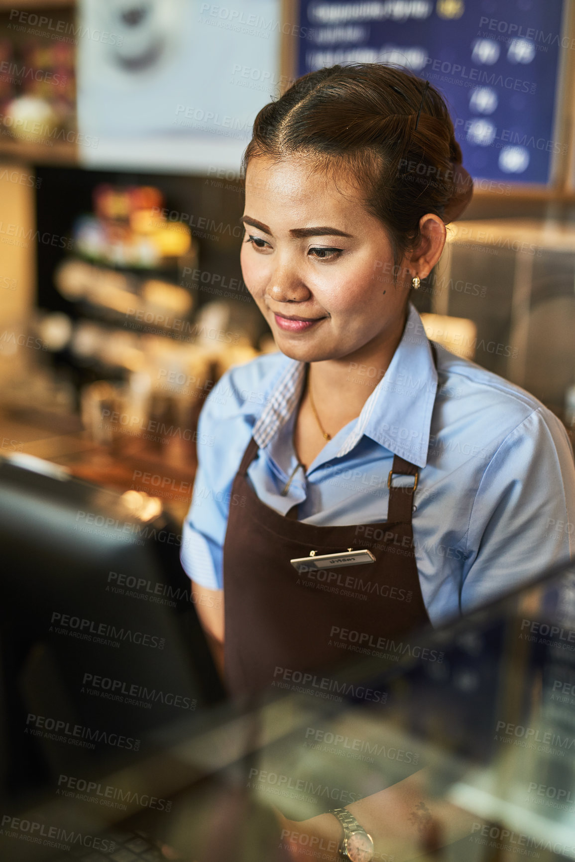 Buy stock photo Barista, checkout and coffee shop with woman cashier at counter for hospitality or service. Small business, server and startup with employee working in cafe or restaurant as waitress for pos