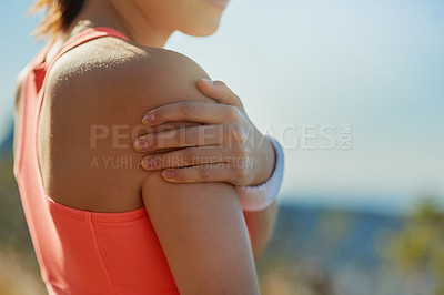 Buy stock photo Fitness, outdoor and woman with shoulder pain, muscle tension and inflammation with exercise. Female person, girl or athlete with fibromyalgia, tendinitis and painful arm with workout or health issue