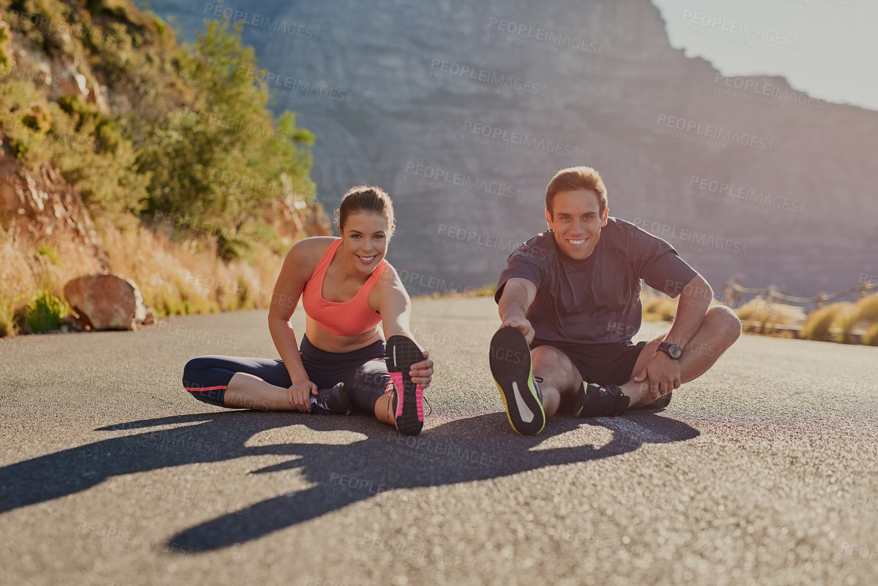 Buy stock photo Exercise, fitness and friends or people in nature for stretching, warm up and marathon training together. Woman, man or sports coach in mountains, portrait or wellness workout support or challenge