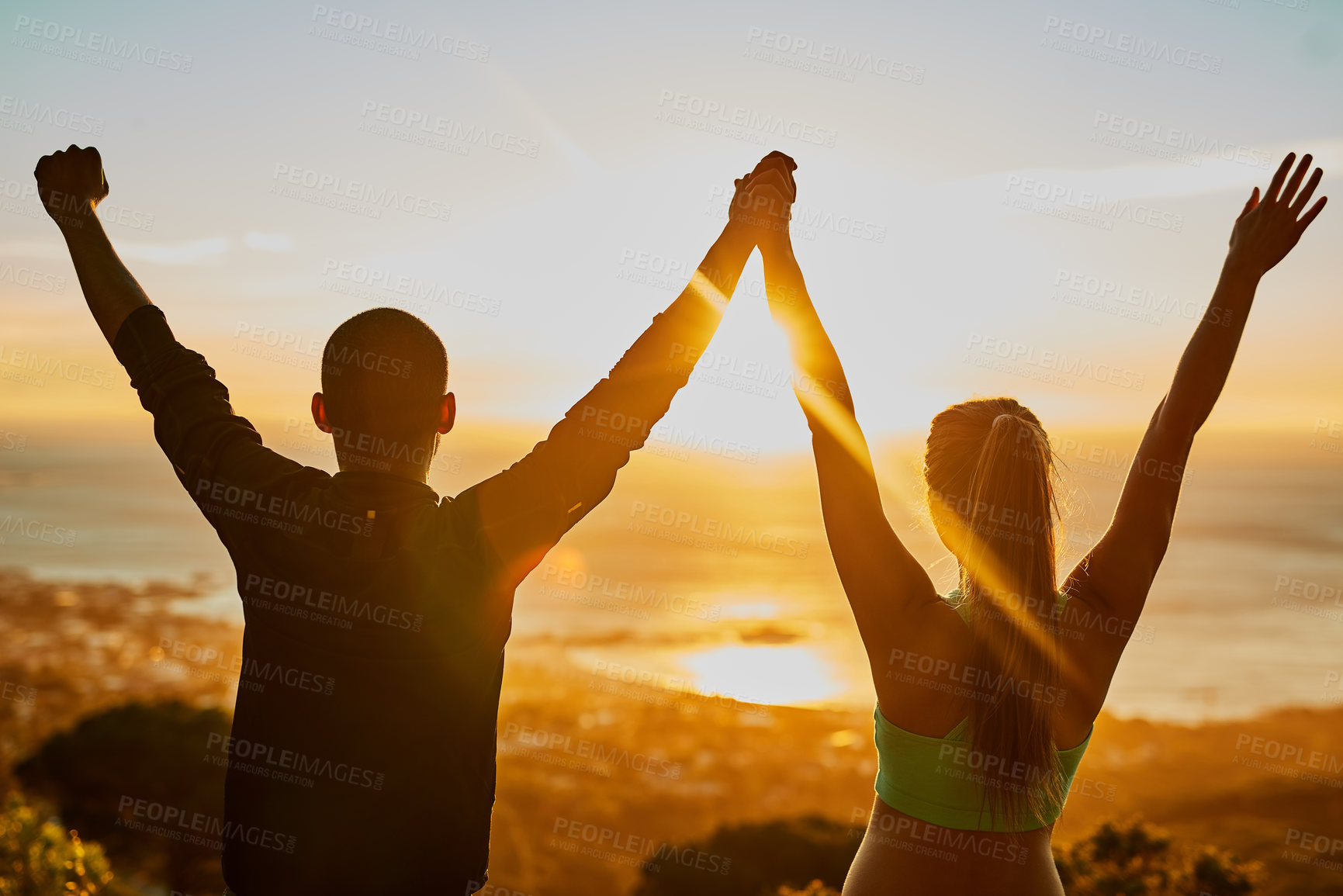 Buy stock photo Back, couple and fitness celebration with mountain, sunset and workout for training or exercise in nature. Runner, sport and cardio with silhouette, health and marathon activity for endurance