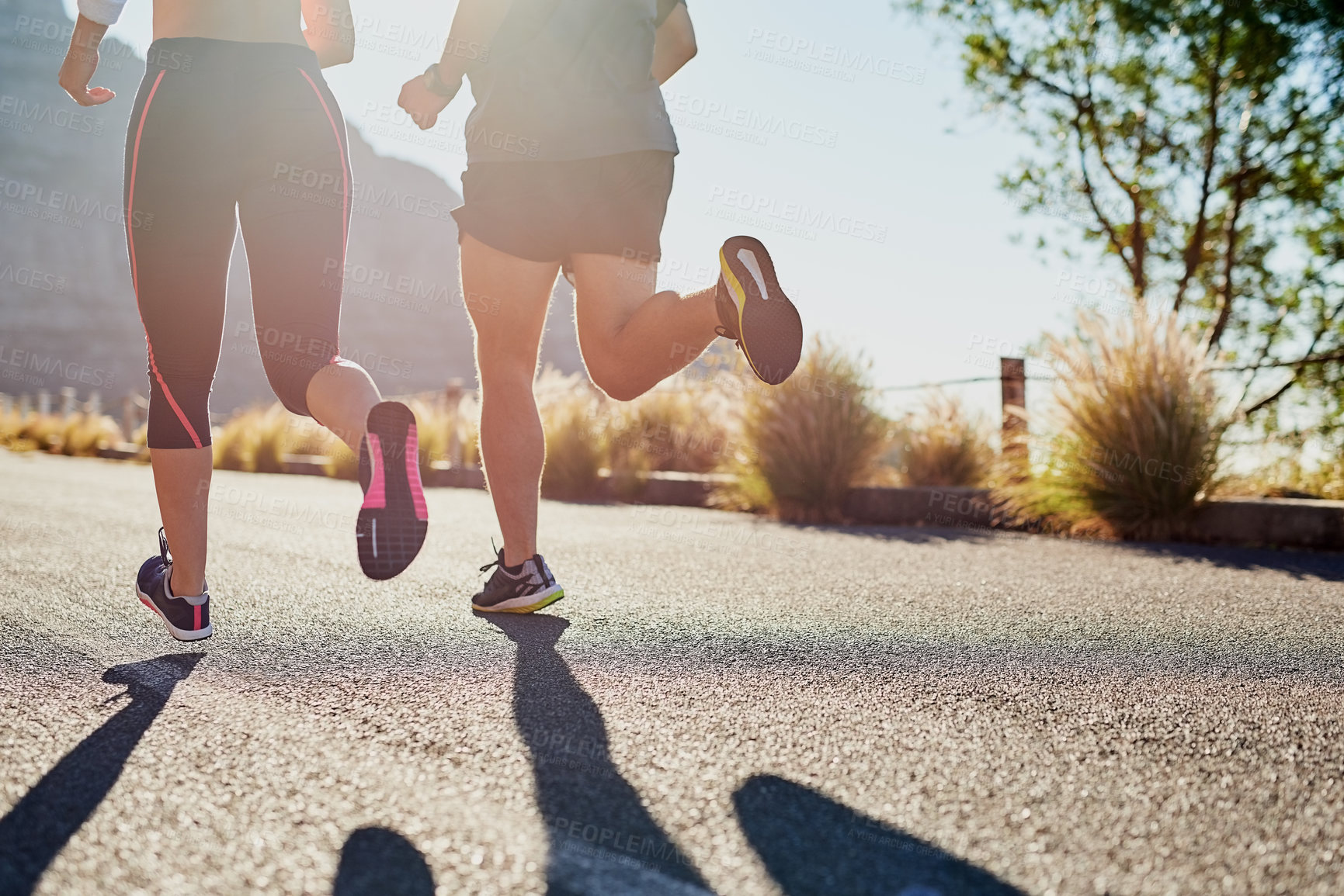 Buy stock photo Running, workout and friends or people in nature for exercise, warm up and marathon training together. Woman, man or sports coach back in mountains, trail or wellness fitness support or challenge
