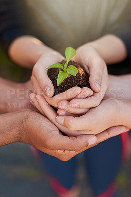Buy stock photo Shot of a group of people holding a plant growing out of soil