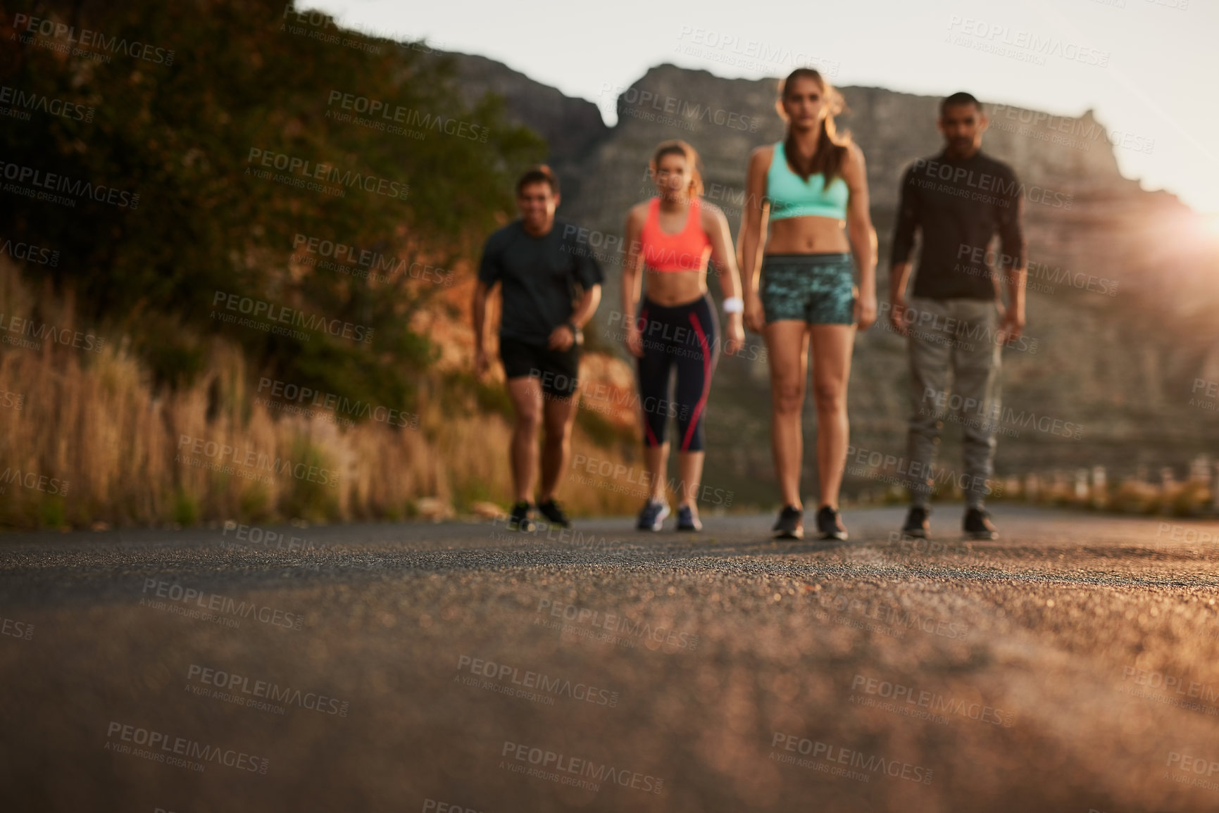 Buy stock photo People, friends and portrait by mountain for training with support, solidarity and diversity for health in nature. Men, women and team for exercise, workout and wellness on path for running in summer