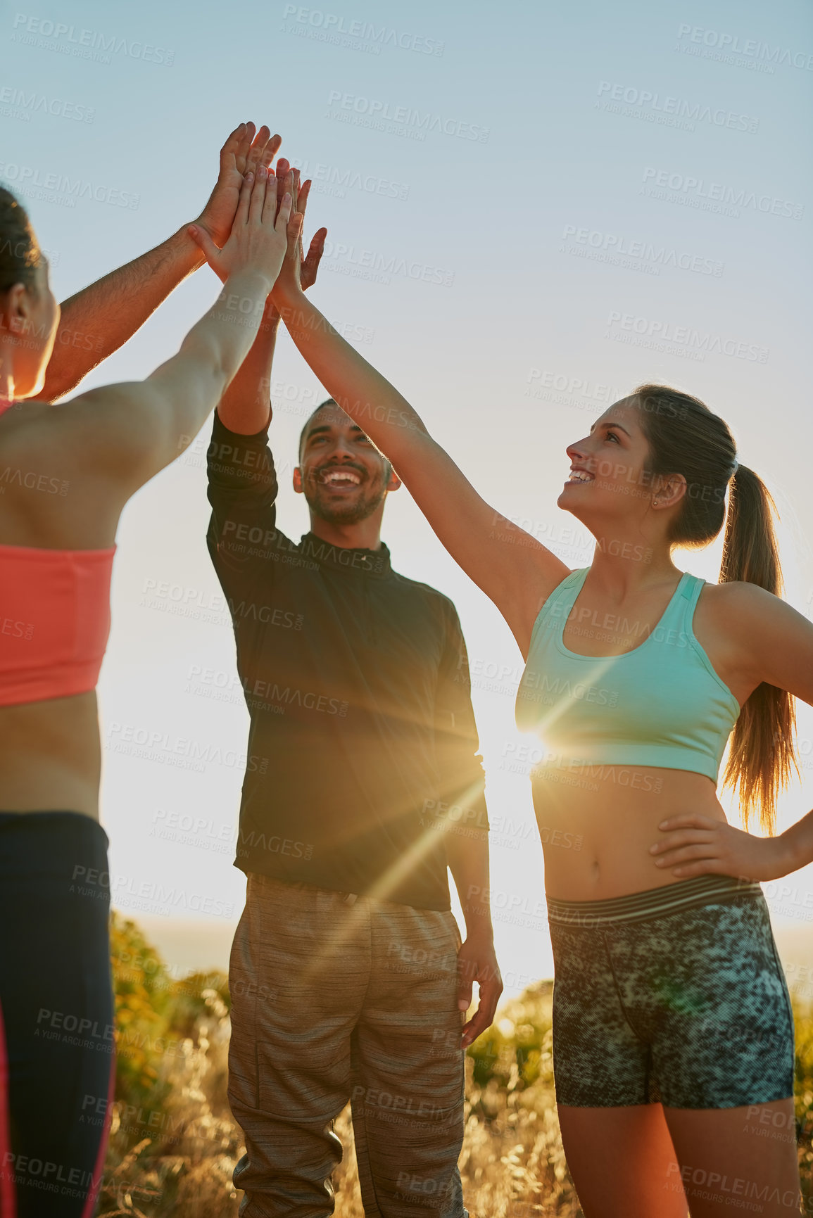 Buy stock photo People, group and workout high five for celebration goals on mountain trail or running, goal or challenge. Women, man and friends with hand gesture for training victory or target, support or exercise