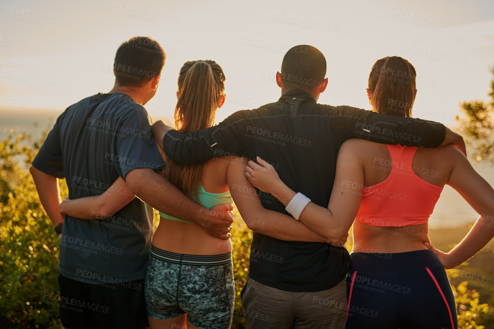 Buy stock photo People, hug and back in nature for fitness with view, solidarity and diversity on training break in morning. Men, women and teamwork with exercise, workout and embrace on path for running in summer