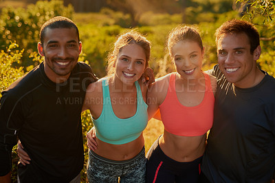 Buy stock photo Portrait of a group of friends out for a run