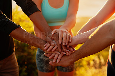 Buy stock photo Hands together, fitness friends and outdoor with motivation, workout and teamwork in nature. Exercise, sport and people with hand in sign for support, training and motivation with solidarity and sun