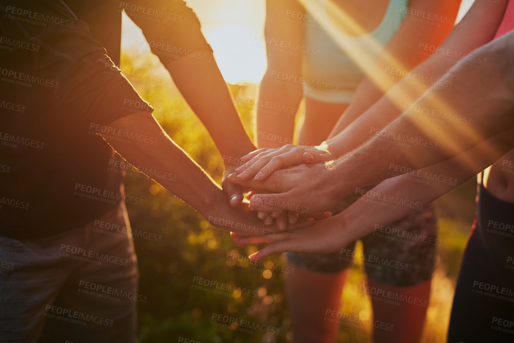 Buy stock photo Hands together, fitness group and outdoor with motivation, workout and teamwork in nature. Exercise, sport and people with hand in sign for support, training and goal with solidarity and sun