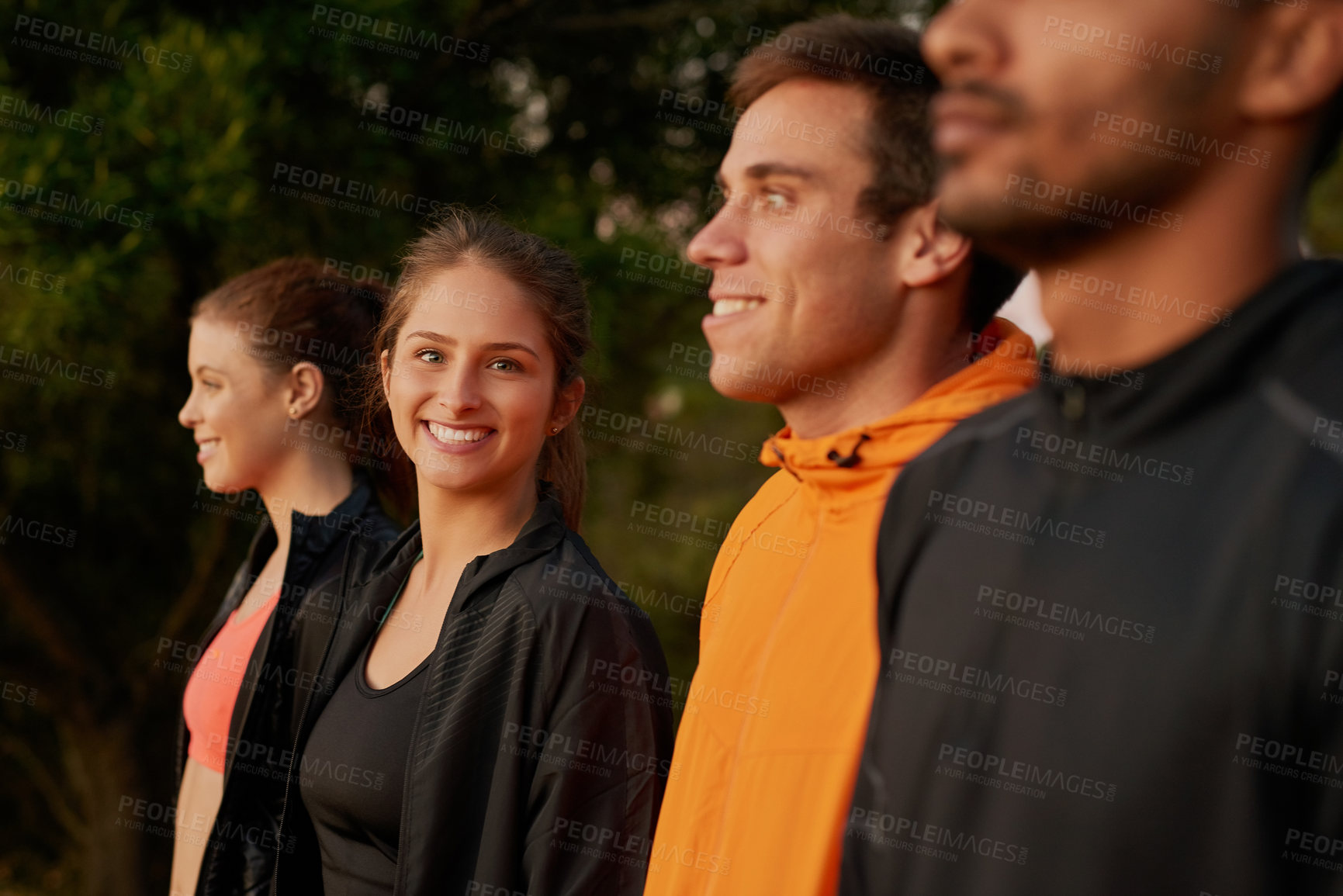 Buy stock photo Group, woman and portrait in nature for fitness with smile, solidarity and diversity for training in morning. People, friends and team with exercise, workout and happy in row for running in summer