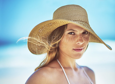 Buy stock photo Travel, vacation and portrait of woman at beach for summer, tropical and relax mockup. Wellness, nature and holiday with face of female tourist and hat at seaside for sunbathing and paradise