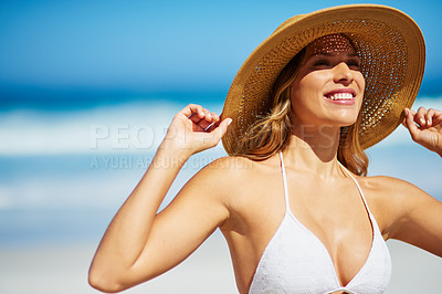 Buy stock photo Summer, hat and face of woman on beach, vacation or relax on holiday in sun, sea and blue sky background. Happy, girl in bikini and healthy glow, skin and travel to tropical nature or Florida