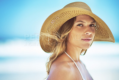 Buy stock photo Mockup, summer and portrait of woman at beach for travel vacation, tropical and relax space. Wellness, nature and holiday with face of female tourist and hat at seaside for sunbathing and paradise