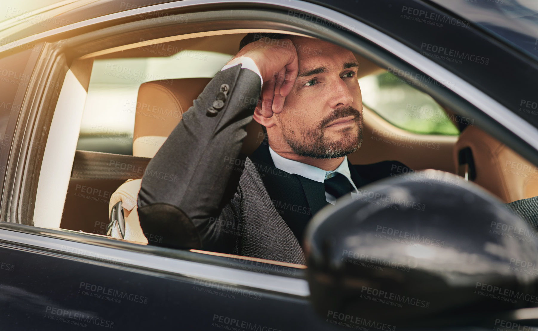 Buy stock photo Businessman, professional and thinking or driving in car for commute to corporate work or job as entrepreneur of company. Man, motor vehicle and daily journey with transportation, smile and travel.