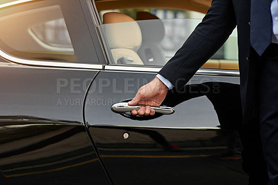 Buy stock photo Businessman, hands and chauffeur by car door for travel accommodation, designated driver or commute. Hand of male person on vehicle handle in professional transport service, business class or pick up
