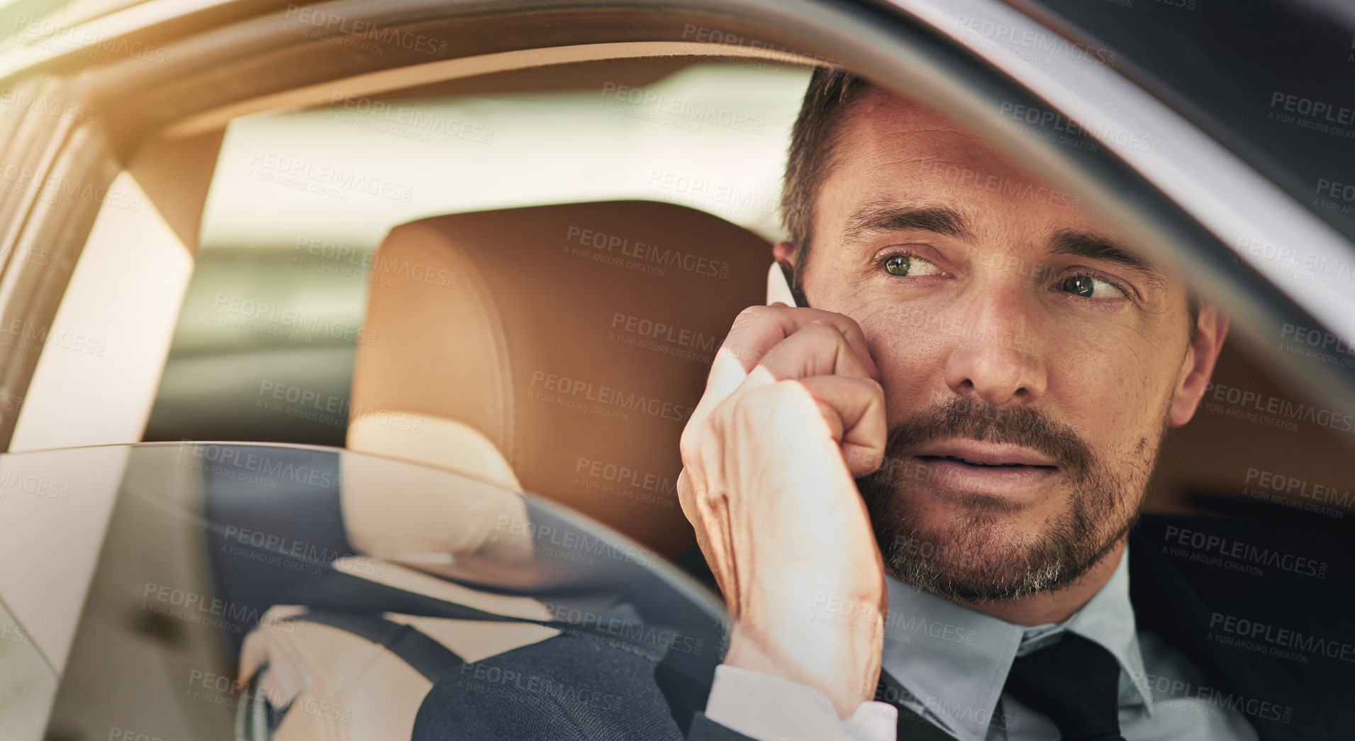 Buy stock photo Businessman, car and phone call for travel, business and work with company client or contact. Corporate lawyer, taxi and communication with law firm shareholders for merger, acquisition and contract