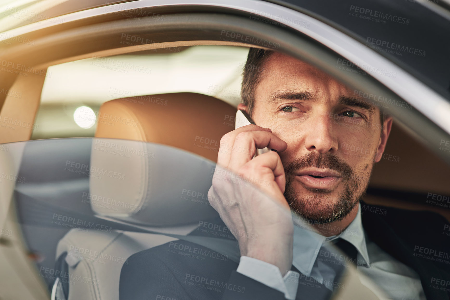 Buy stock photo Businessman, car and travel for phone call, business and work with company client or contact. Corporate lawyer, taxi and communication with law firm shareholders for merger, contract and acquisition