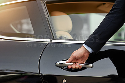 Buy stock photo Businessman, hands and chauffeur driver by car door for travel accommodation or commute in the city. Hand of male person on vehicle handle in professional transport service, business class or pick up