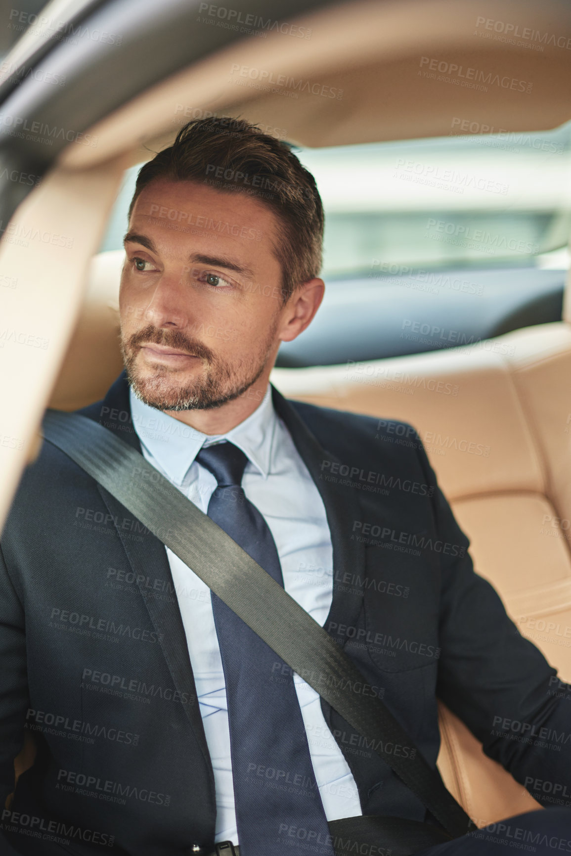 Buy stock photo Businessman, thinking and travel in car for out of town meeting and commute to airport in city. Transportation, male lawyer and sitting in traffic with idea for concierge service in New York