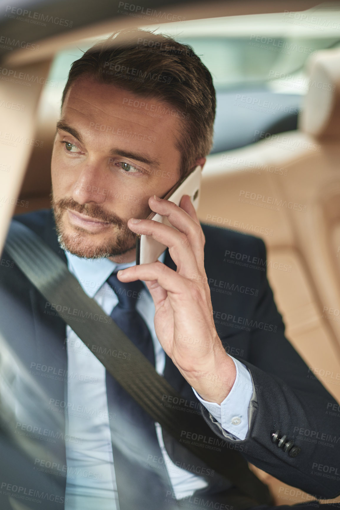 Buy stock photo Businessman, commute and conversation with phone call in car for travel, proposal or communication. Man or employee on mobile smartphone for business discussion in vehicle, taxi or cab on work trip