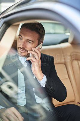 Buy stock photo Businessman, travel and discussion with phone call in car for commute, proposal or communication. Man or employee on mobile smartphone for business conversation in vehicle, taxi or cab on work trip