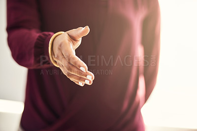Buy stock photo Closeup shot of an unidentifiable businesswoman extending a handshake