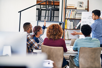 Buy stock photo Question, board or man in presentation for teaching, development or coaching people in startup. Hand up, staff or designers talking for team agenda, meeting or planning in discussion for training