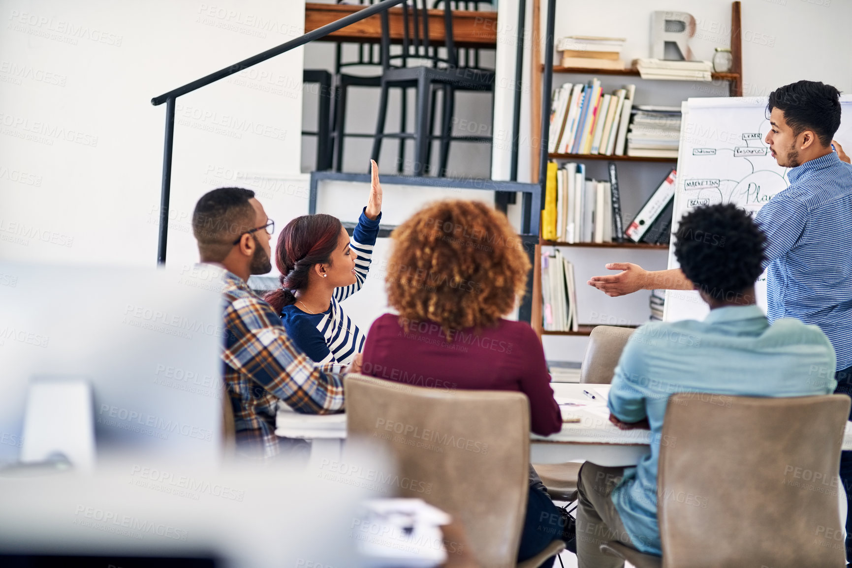 Buy stock photo Question, board or man in presentation for teaching, development or coaching people in startup. Hand up, staff or designers talking for team agenda, meeting or planning in discussion for training