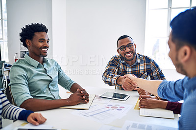 Buy stock photo Business people, startup or shaking hands in meeting for deal, b2b collaboration or teamwork in office. Handshake, partnership or designers in agreement with success, welcome or thank you gesture