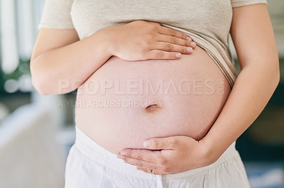 Buy stock photo Hands, woman and pregnant stomach in home for love or excitement for parenthood, motherhood and waiting for baby arrival. Mother to be, living room and holding belly to feel kick on maternity leave.