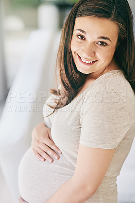 Buy stock photo Portrait, pregnant and happy woman in home with excitement for future motherhood or parenthood with love and care. Mom to be, holding maternal belly and feel with joy for pregnancy journey experience