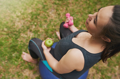 Buy stock photo High angle shot of a young pregnant woman exercising outside