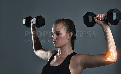Buy stock photo Studio shot of a sporty young woman building muscle in her arms