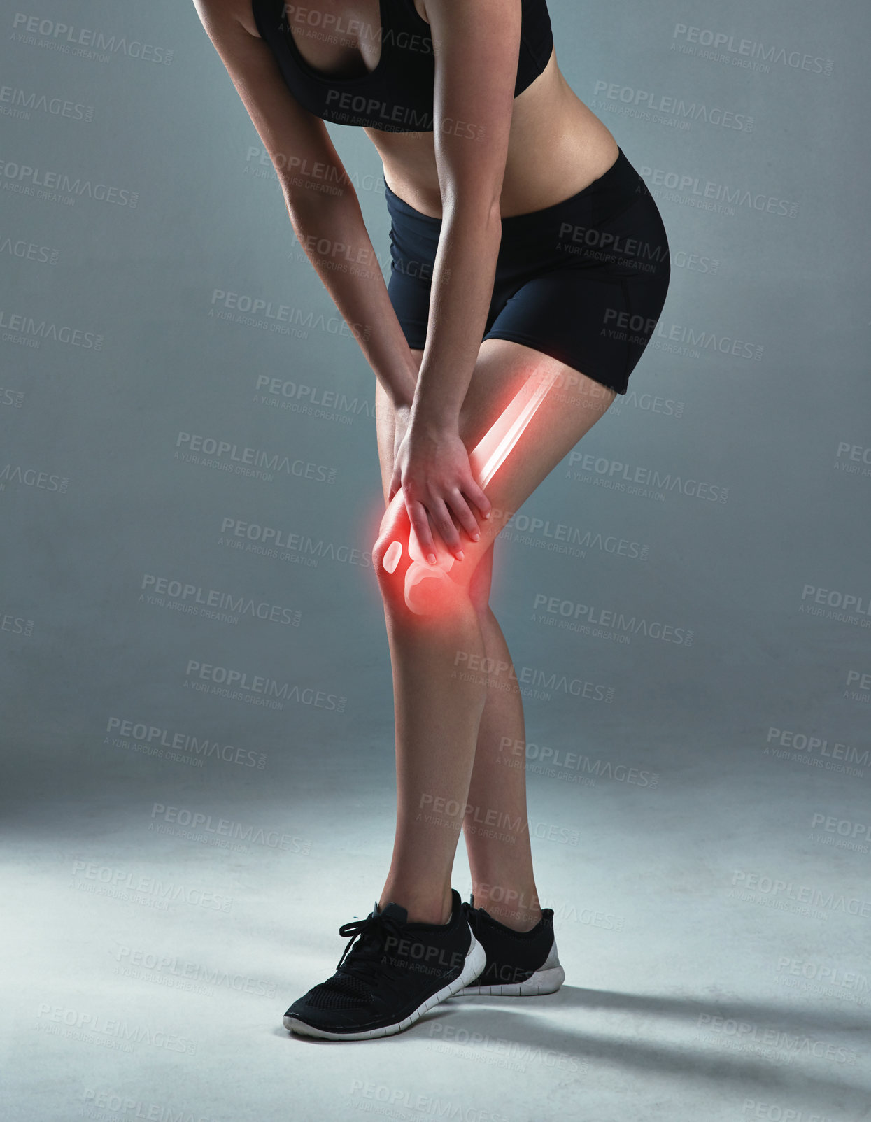 Buy stock photo Studio, woman and legs with knee pain or injury with inflammation from exercise and workout. Female person, muscle ache and red flare for fitness, self care and wellness or wellbeing for health