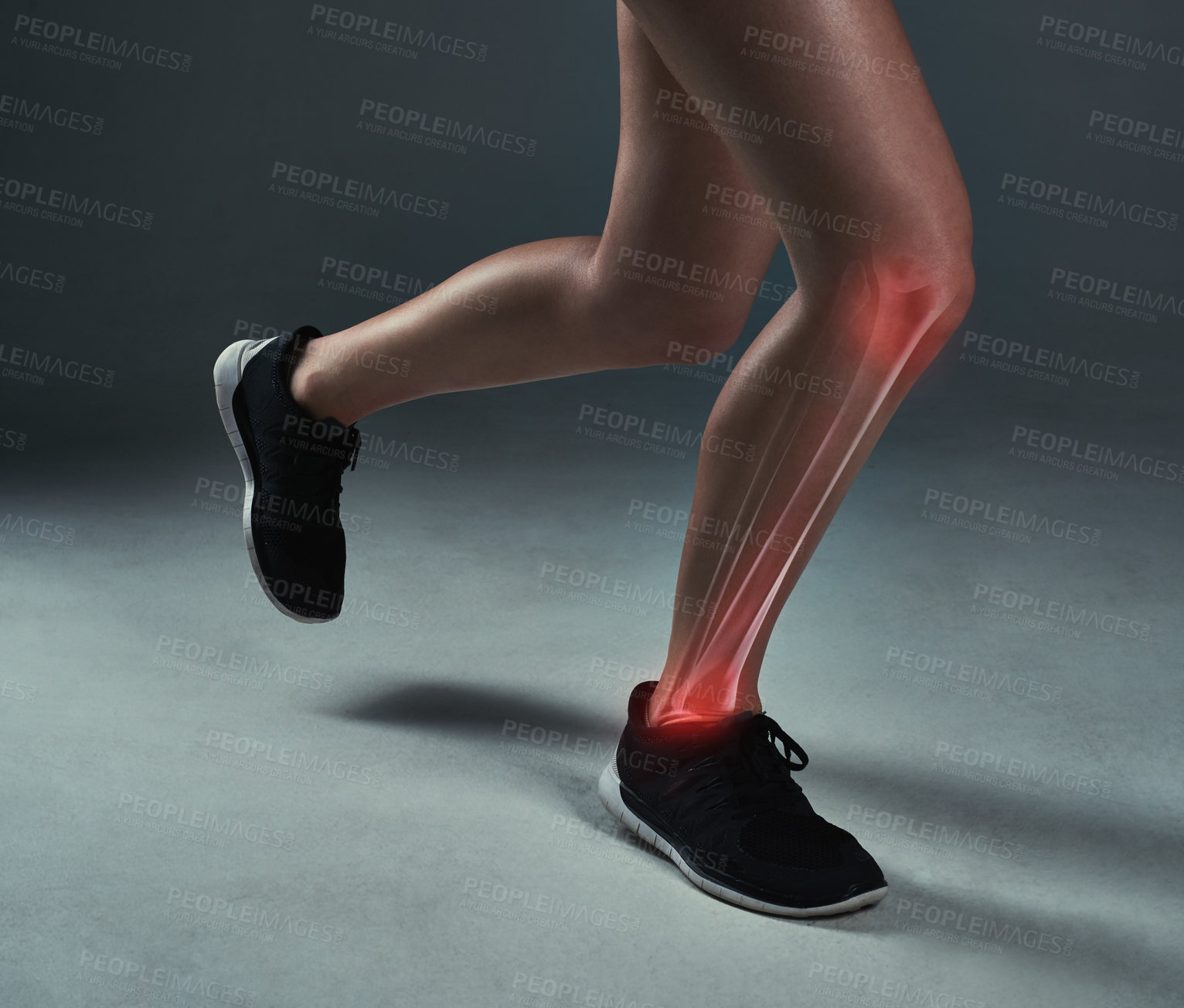 Buy stock photo Legs, knee pain and person with injury in studio isolated on gray background. Runner, red glow or hurt athlete with arthritis, fibromyalgia or broken bone while training or workout on double exposure